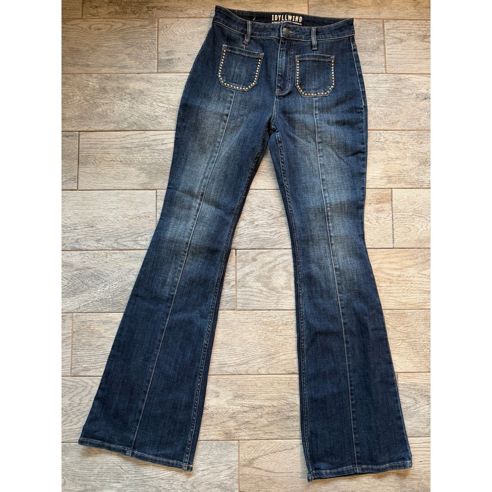 Idyllwind Flare Jeans 8 x 34 Studded Patch Pocket Denim Womens Wide‎ Leg Boho